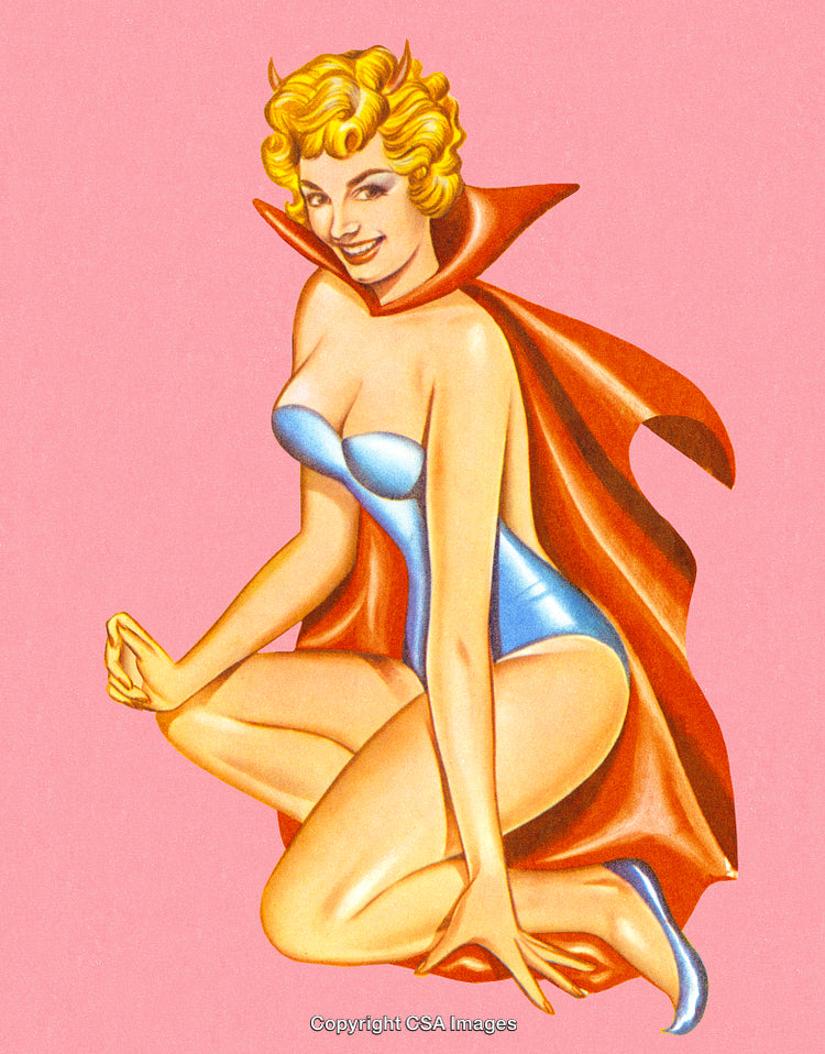 Retro Illustration of a Smiling Woman in a Devil Cape on Pink Background