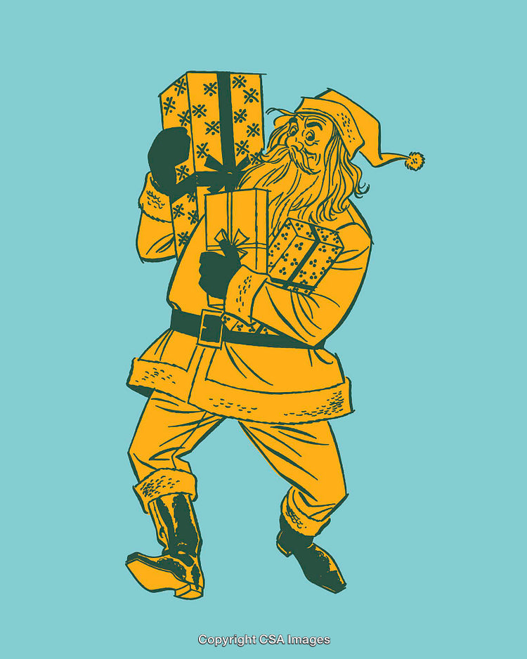 Illustrated Santa Claus Carrying Christmas Presents in Festive Colorful Line Art