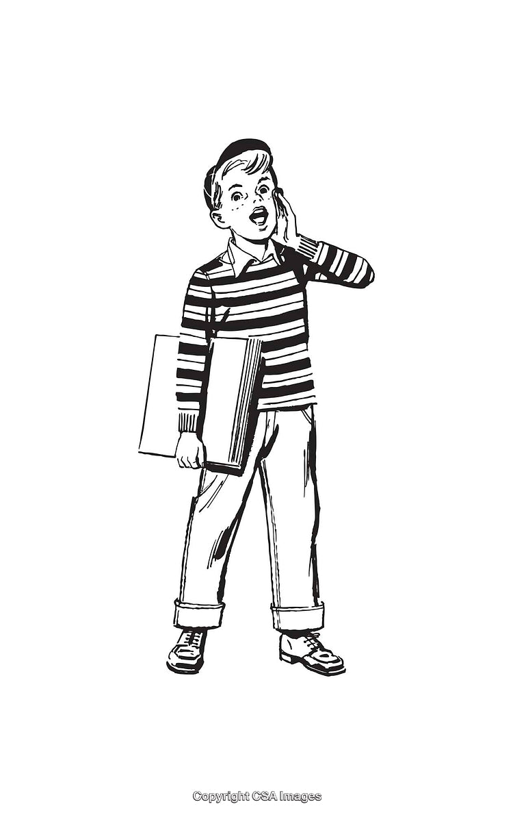 Vintage Illustration Of a Boy Holding a Book and Calling Out