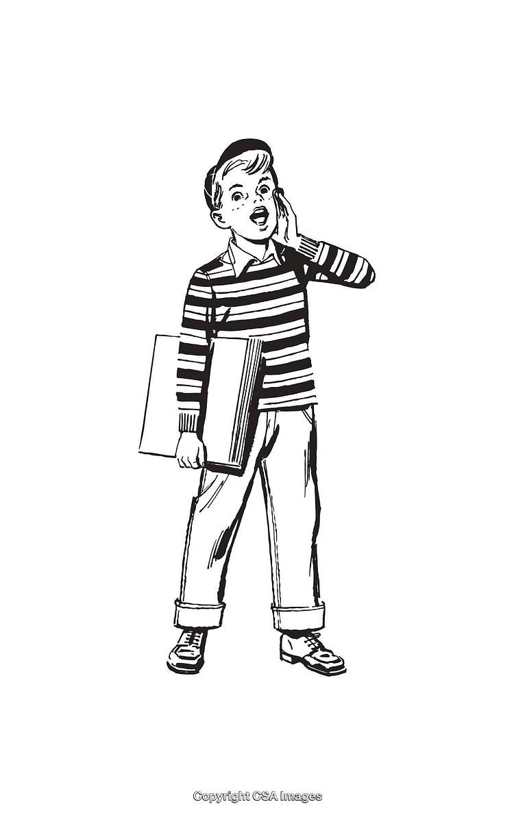 Vintage Illustration Of a Boy Holding a Book and Calling Out