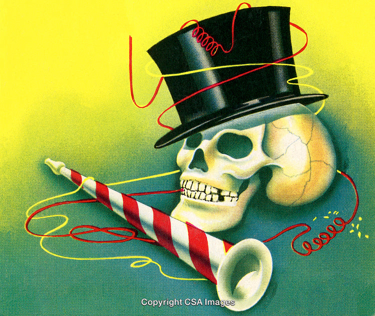 Surreal Skeleton with Top Hat and Party Horn in Vibrant Colors