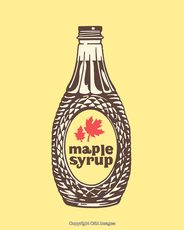 Vintage Maple Syrup Bottle Illustration with Bold Typography and Maple Leaves