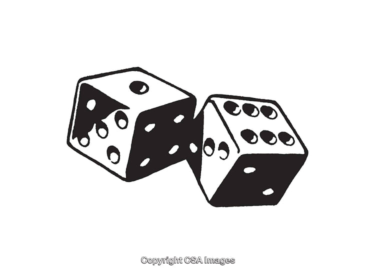 Black and White Line Art Illustration of Two Dice with Dotted Faces
