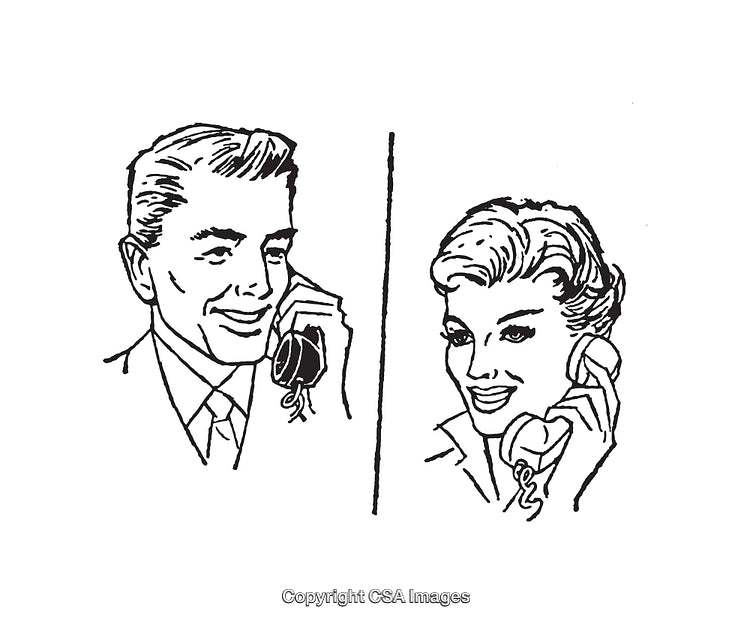 Vintage Line Art Illustration of Two People Talking on Telephones