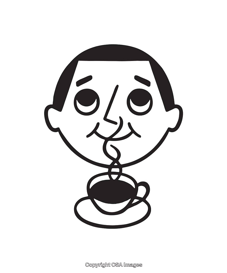 Black and White Illustration of a Smiling Face with Coffee Cup