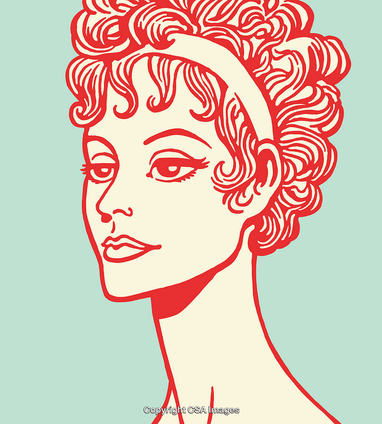 Vintage Line Art Illustration of Retro Woman with Curly Hair