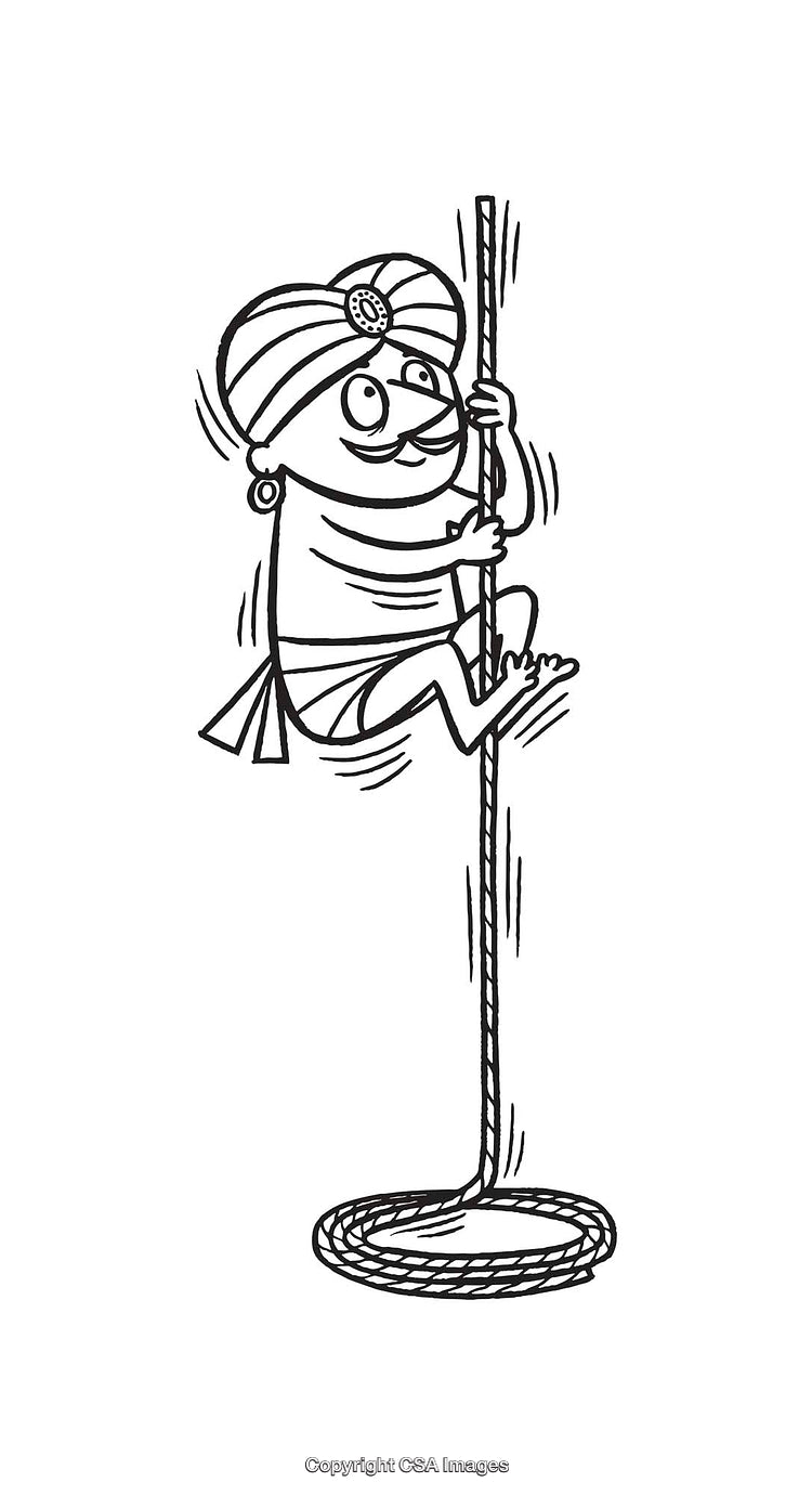 Humorous Line Art Illustration of a Cartoon Man Climbing a Rope