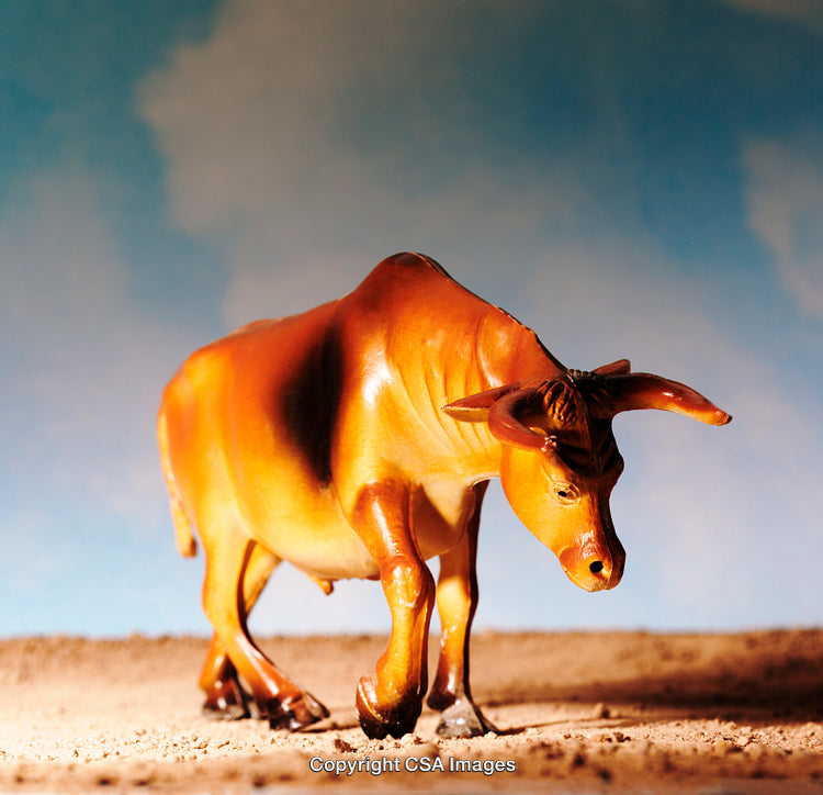 Realistic Plastic Toy Representation of a Grazing Bull in a Natural Setting
