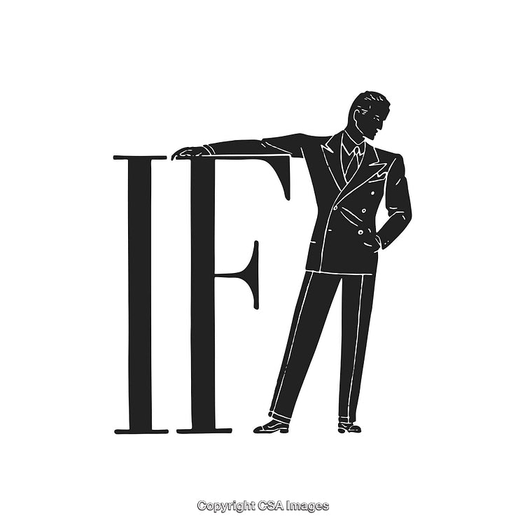 Elegant Man Leaning on Large Letters in Timeless Style Illustration