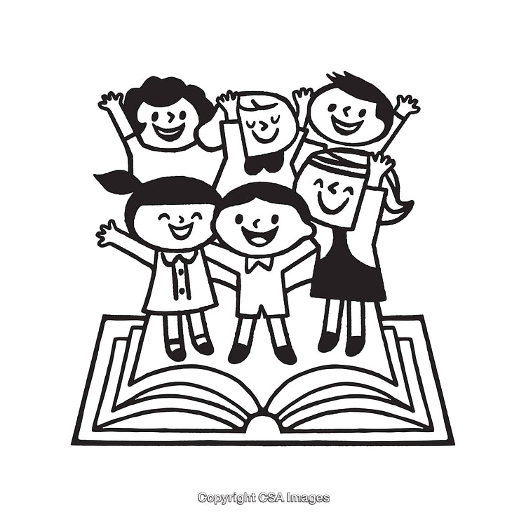 Black and White Line Art of Happy Children Playing on Open Book