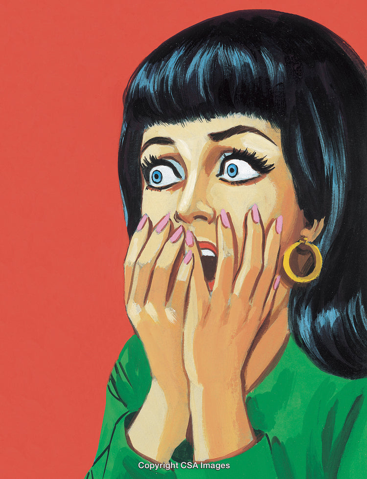 Surprised Retro Woman Expression in Pop Art Style with Red Background