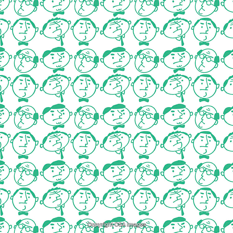 Pattern of Stylized Faces Sketched in Green on White Background