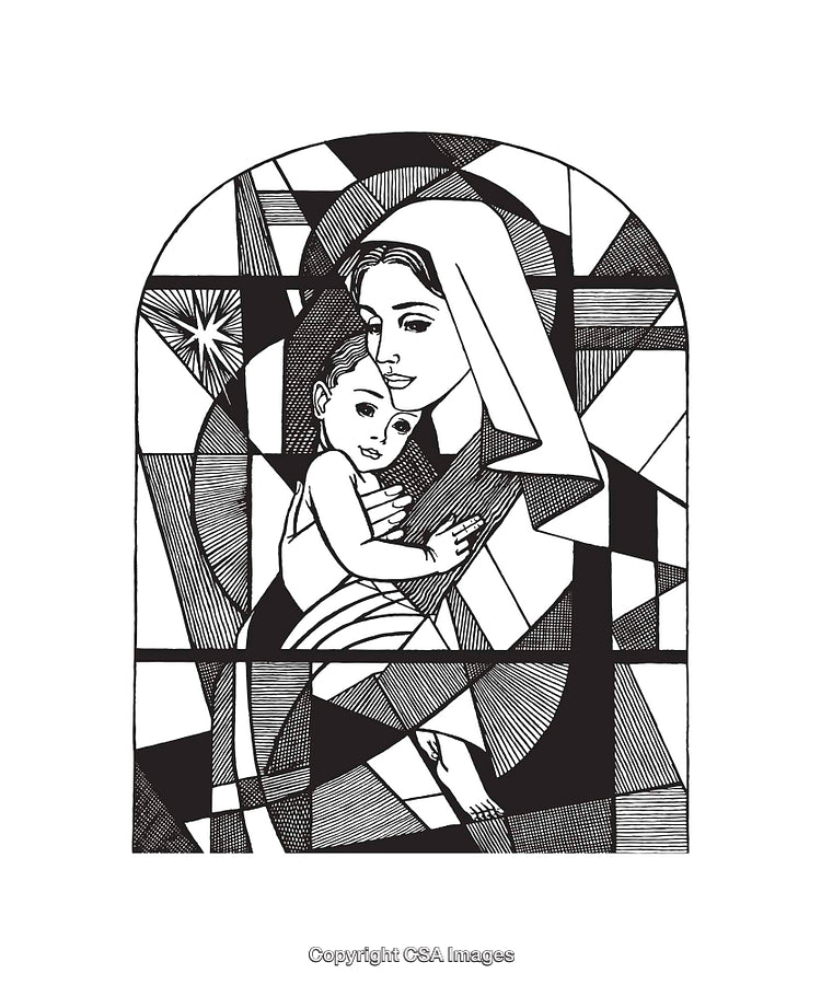 Black and White Line Art of Mother and Child in Geometric Style