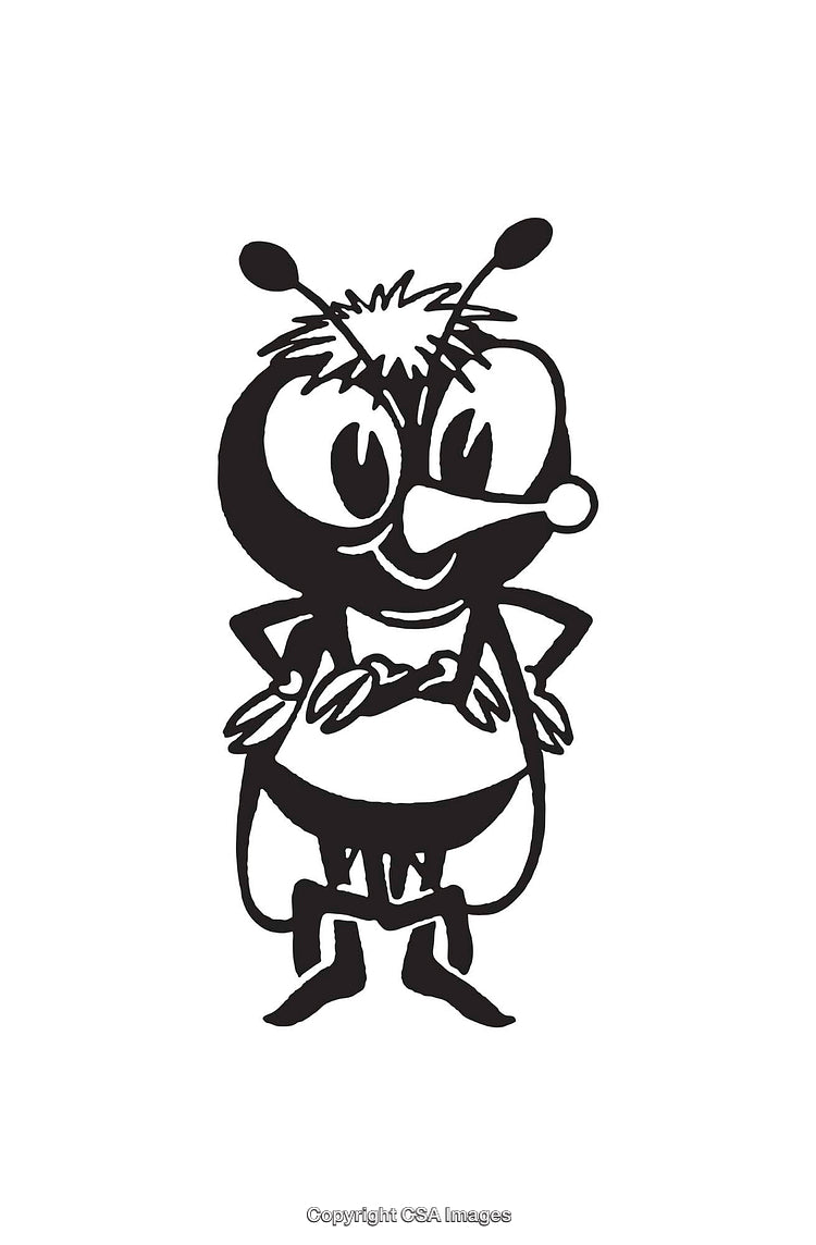 Black And White Line Art Illustration of a Cheerful Cartoon Insect