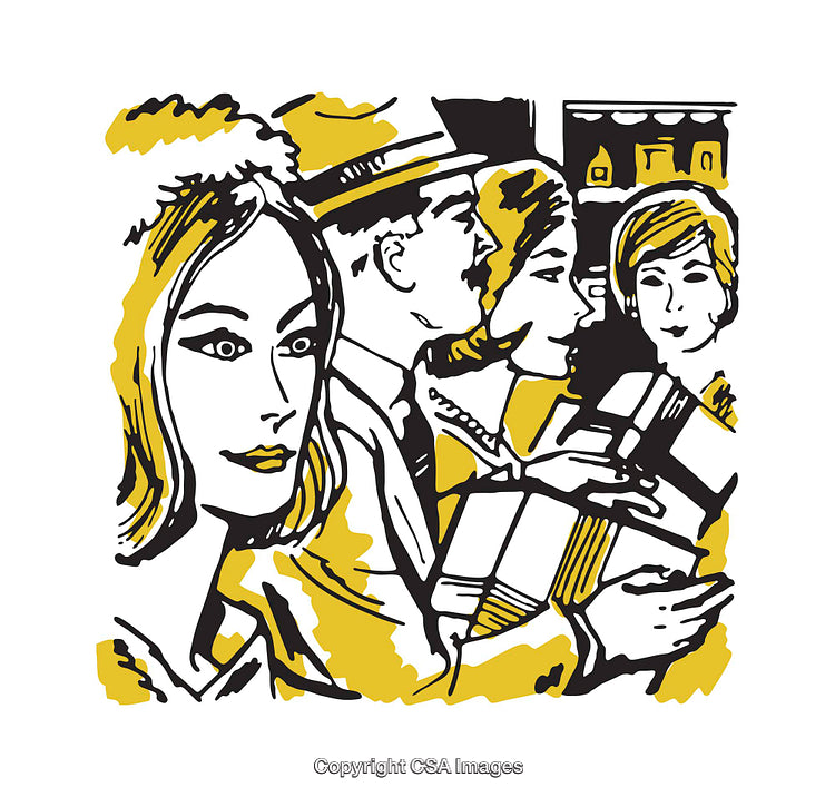 Retro-Style Color Illustration of a Group of People Enjoying a Gathering