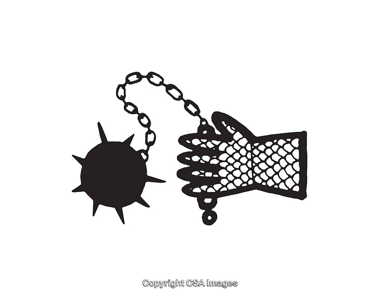 Medieval Weapon Held by Armored Glove Depicted in Black and White Art