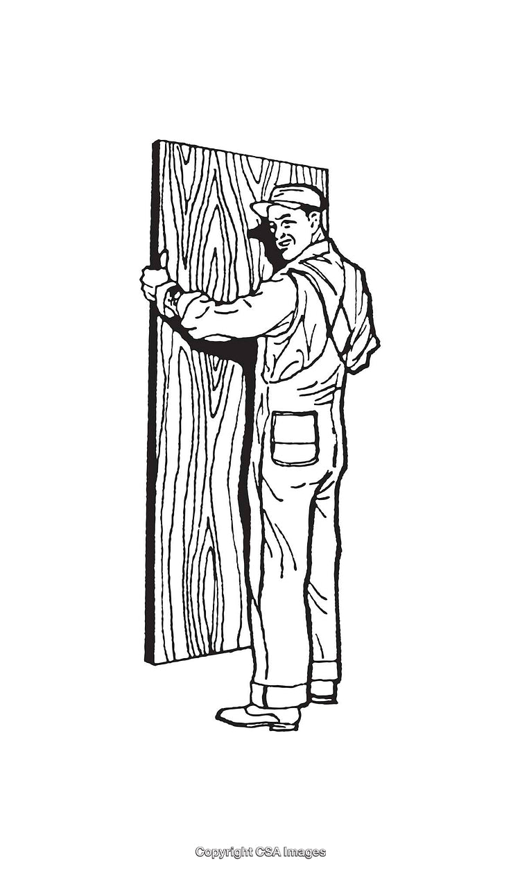 Black and White Illustration of a Worker Holding a Wooden Board