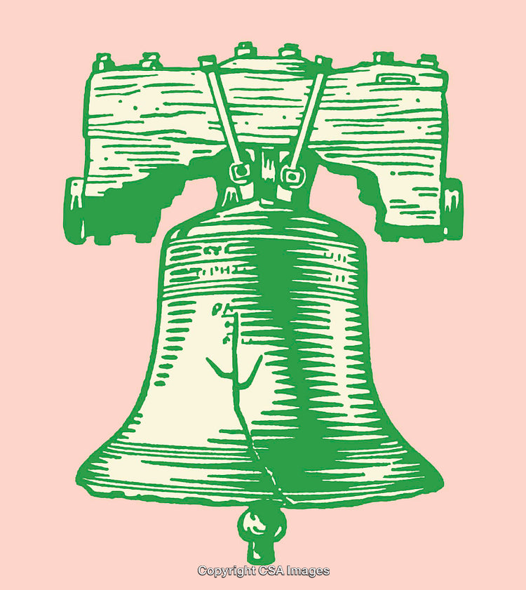 Vintage Line Art Liberty Bell Illustration in Green and Pink Tones