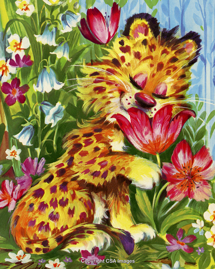 Cute Leopard Cub Enjoying Colorful Spring Flowers in a Lush Garden