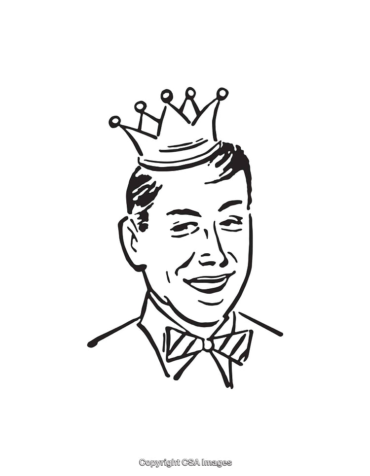 Black and White Line Art of a Smiling Man Wearing a Crown