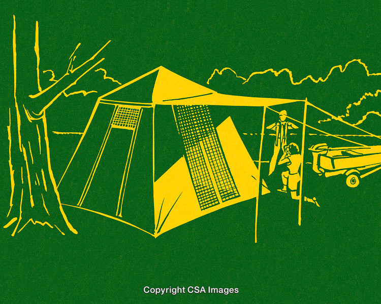 Illustrated Outdoor Camping Scene with Tent and Tree in Retro Style