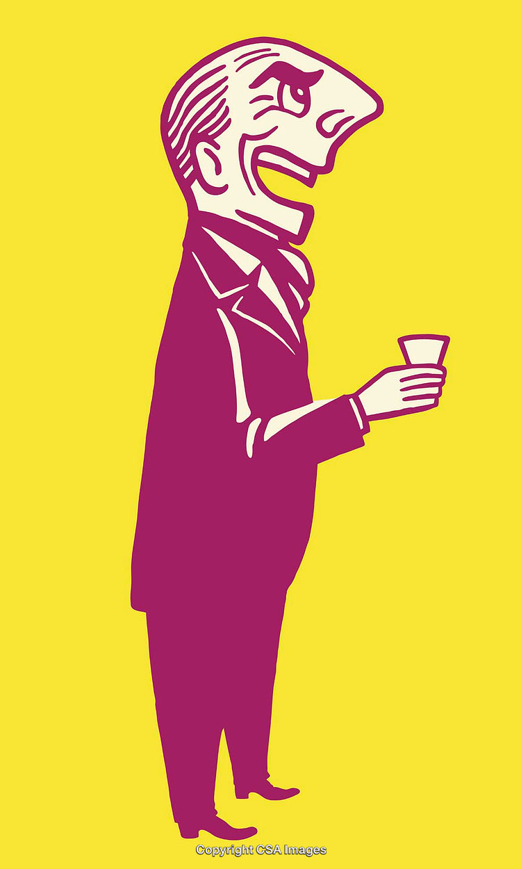 Colorful Line Art of a Cheerful Man Holding a Drink on Yellow Background